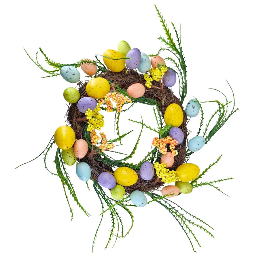 Corona decorativa con huevitos de colores y adornos de pvc